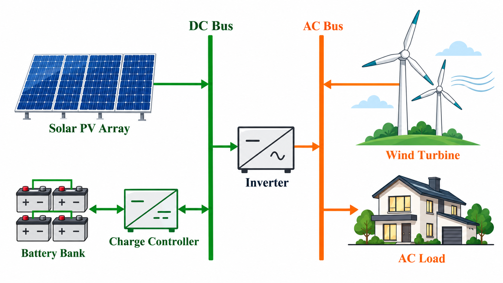 Figure 1. Hybrid PV/wind/battery microgrid, with the PV array and battery bank on the DC bus and the wind turbine and AC load on the AC bus.